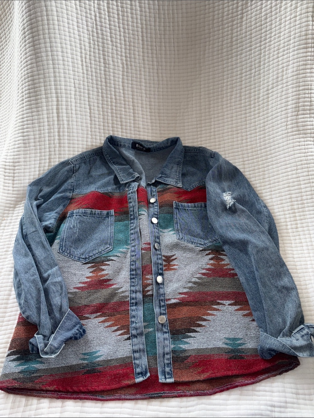 Aztec-Panel Denim Button-Front Jacket - Unknown Brand - Multicolor